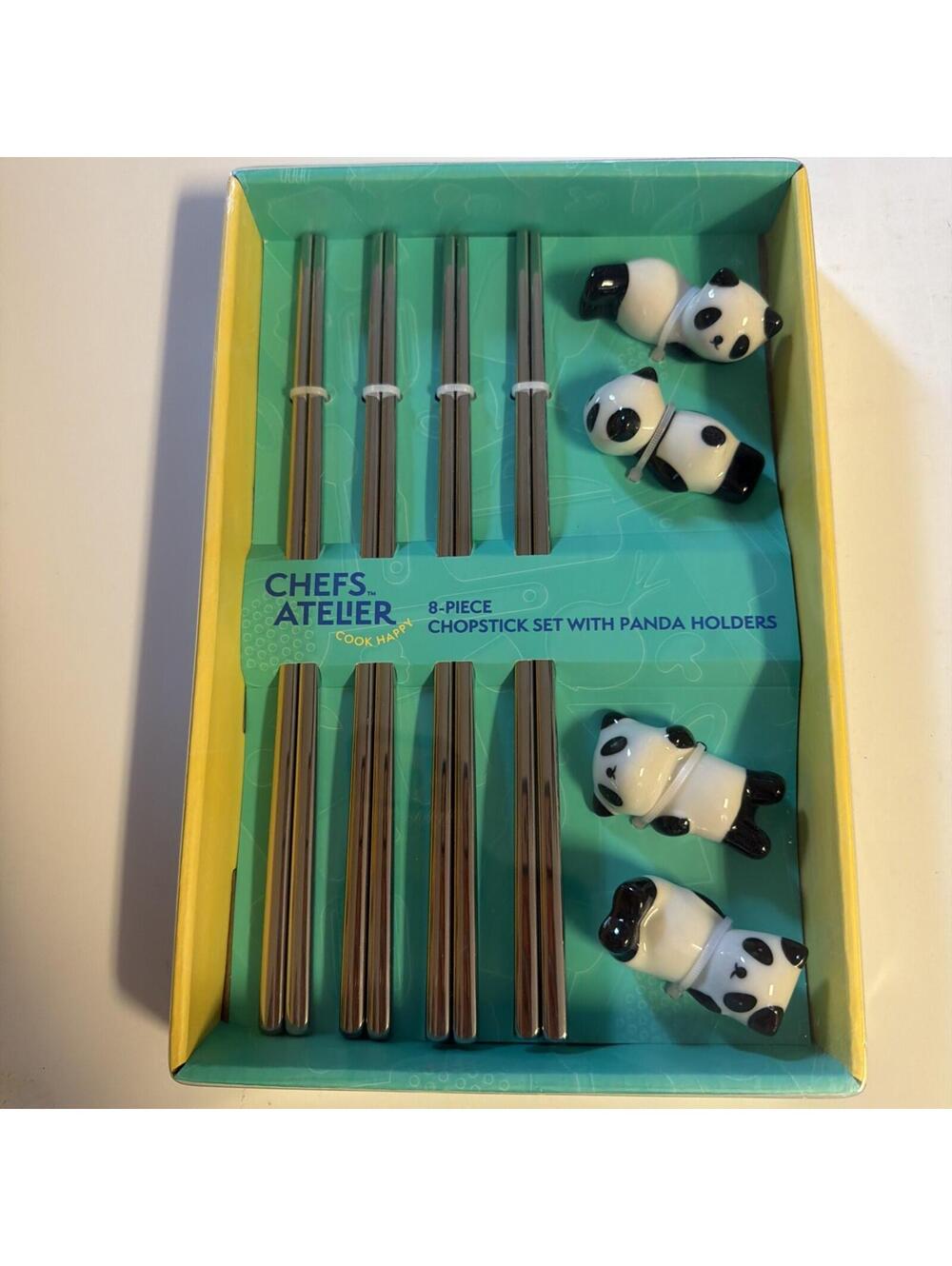 NEW Chefs Atelier Stainless Chopsticks With Ceramic Panda Holder 8 piece set